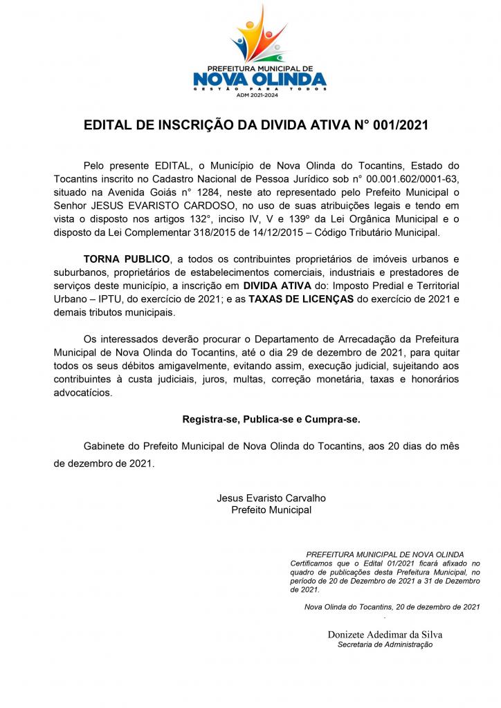 EDITAL DE INSCRIÇÃO DA DIVIDA ATIVA N° 001/2021